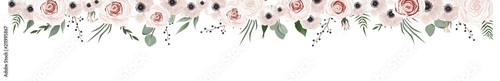 Horisontal botanical vector design banner. Pink rose, eucalyptus, succulents, flowers, greenery. Natural spring card or frame. - obrazy, fototapety, plakaty 