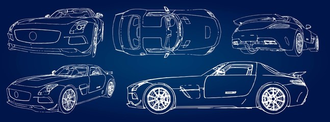 Wall Mural - Set sketch of a modern sports car on a blue background with a gradient.