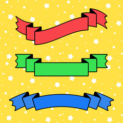 Wall Mural - Set of colored insulated ribbons banners on a yellow background. Simple flat vector illustration. With space for text. Suitable for infographics, design, advertising, holidays, labels.