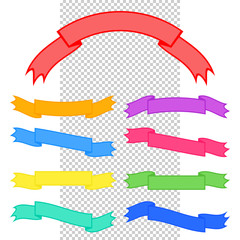 Wall Mural - Set of colored isolated banner ribbons on a transparent background. Simple flat vector illustration. With space for text. Suitable for infographics, design, advertising, holidays, labels.