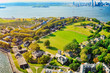 Governors Island National Monument near New York and Manhattan from a bird's eye view.