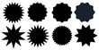 Set of black starburst stamps on white background. Badges and labels various shapes.  Vector illustration
