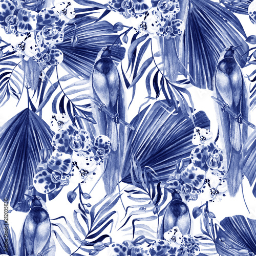 Beautiful watercolor seamless, tropical jungle floral pattern background with...