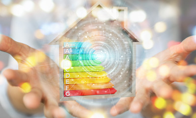 Wall Mural - businesswoman using 3d rendering energy rating chart in a wooden house