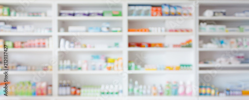 Cuadros en Lienzo Pharmacy drugstore blur abstract backbround with medicine and healthcare product