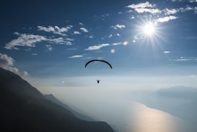 Paragliding Over Monte Baldo On Lake Garda, Aerial View, Inversion Weather, Veneto, Italy, Europe