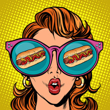 Hot Dog Sausage Ketchup Mustard. Woman Reflection In Glasses