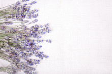 Fresh Lavender Flowers On Gray Fabric Background. Top View Of A Lavender Flowers, Copy Space For Your Text.