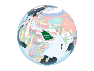 Saudi Arabia with flag on globe isolated