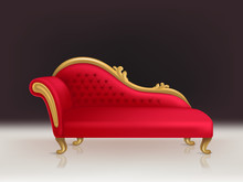 Vector Realistic Luxurious Red Velvet Sofa With Golden Carved Legs On Black Background. Gilded Antique Royal Couch In Victorian Style. Interior Concept, Vintage Settee