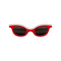 Vintage sunglasses with black lenses and red frame. Fashion eyewear for summer season. Stylish women's accessory. Flat vector design