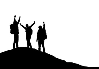 Wall Mural - three tourists with backpacks on top of a mountain rejoice in success