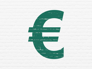 Money concept: Painted green Euro icon on White Brick wall background