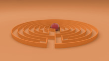 Round Orange Labyrinth Maze Game With Entry And Exit, Find The Path To The Apple Concept, Love Temptation Background Idea With Copy Space