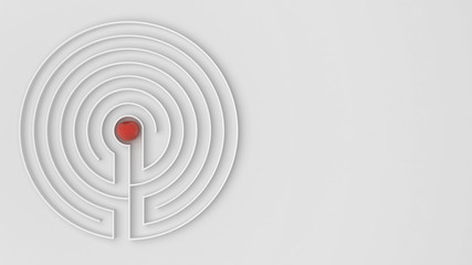 Round white labyrinth maze game with entry and exit, find the path to the apple concept, love temptation background idea with copy space