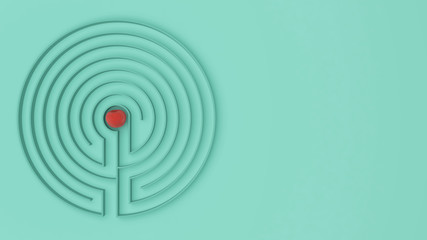 Round turquoise labyrinth maze game with entry and exit, find the path to the apple concept, love temptation background idea with copy space