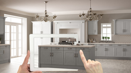 Wall Mural - augmented reality concept. hand holding tablet with ar application used to simulate furniture and in