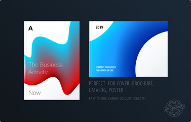 Brochure design liquid template. Colourful blue modern abstract set, annual report with fluid shapes for branding.