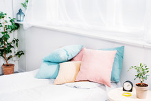 Comfy Bed With Lot Of Pillows In Modern Light Room With Alarm Clock And Plant Of Bedside Table