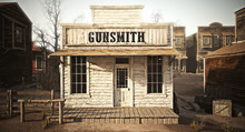 Western Town Rustic Gunsmith Weapons And Ammunition's Supply Store. 3d Rendering . Part Of A Western Town Series.