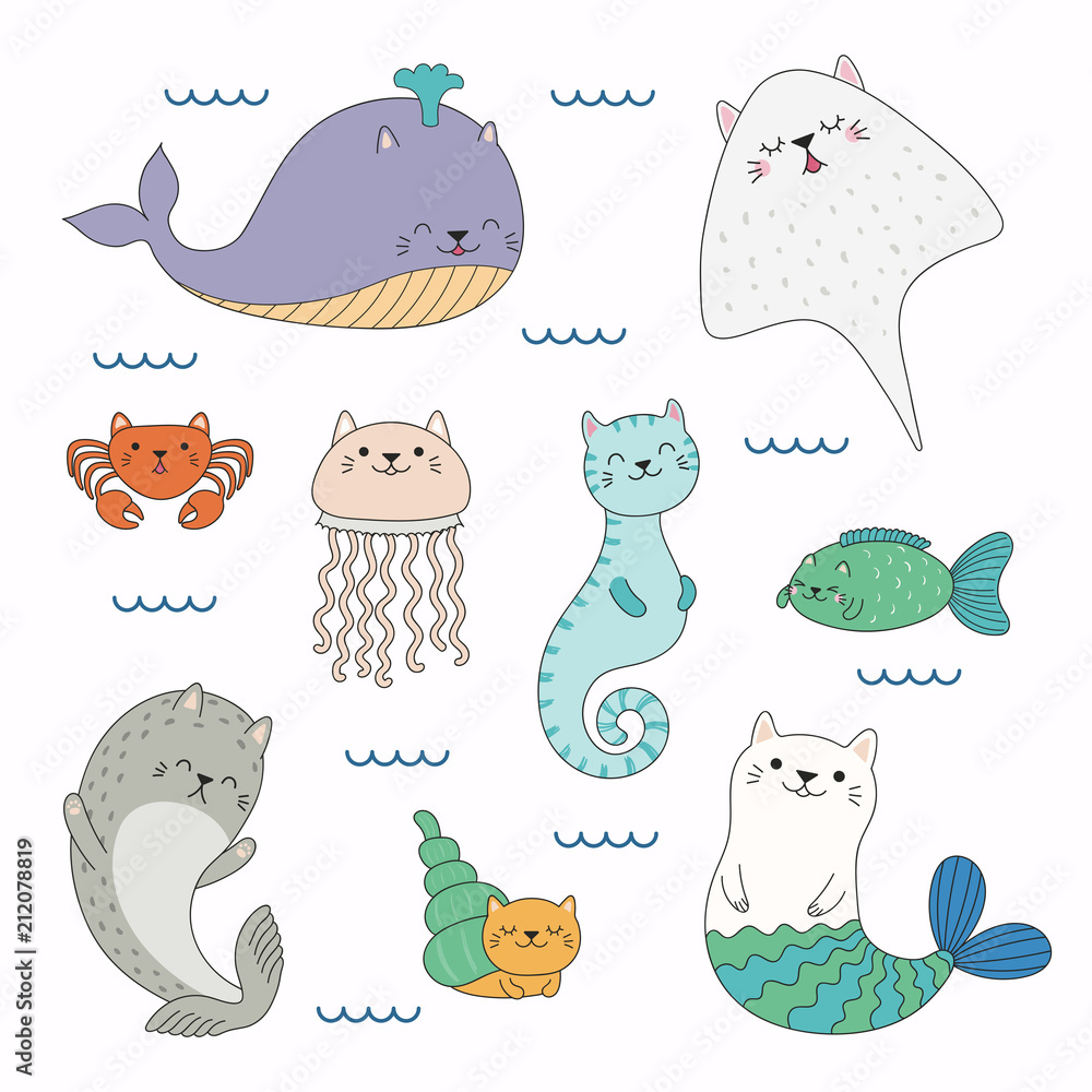 Hand drawn vector illustration of a kawaii funny sea animals with cat ears,  swimming in the sea. Isolated objects on white background. Line drawing.  Design concept for children print. Stock Vector |, image size:1000x1000