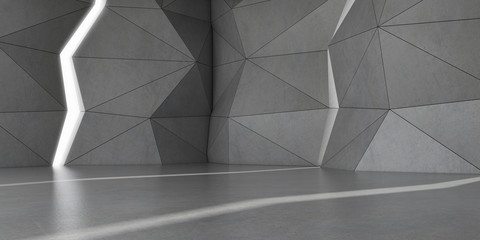 Poster - 3D stimulate of concrete polygon interior space with sun light cast the shadow on the wall and floor,Perspective of minimal design architecture,3d rendering	