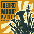 © paseven - Vector poster or banner for the retro music party with wind instruments and microphone in retro style