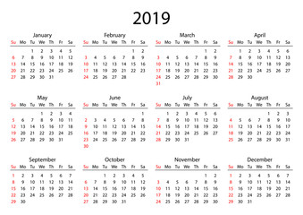 Calendar 2019. Calendar grid 2019 year black on white background. Red Sunday starts. Vector illustration AI10.