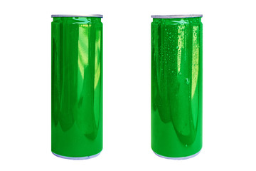 Two cans are green with steam and no steam. White background can be used as a model or product.