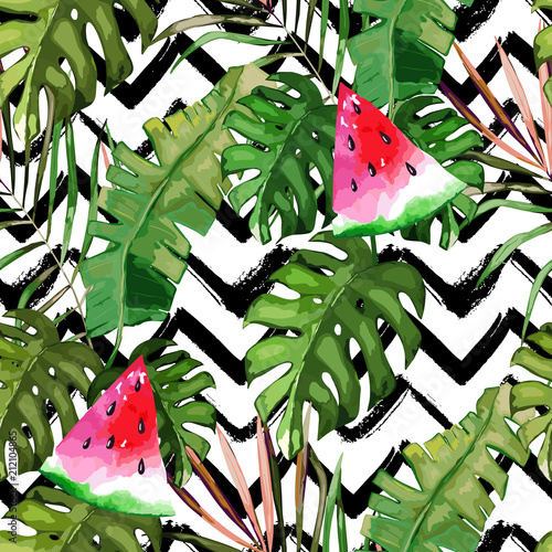 Tropical seamless pattern. Palm tree leaves and watermelon. Hand drawn vector...