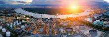 Aerial View Of Twilight Of Oil Refinery ,Shot From Drone Of Oil Refinery And Petrochemical Plant At Dusk .