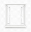 White classic plastic open window with windowsill. Transparent