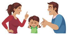 Husband And Wife Quarrel, Scared Doughter Covering Her Ears With Her Hands. Parental Divorce And Children. Cartoon Vector Illustration.