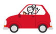 Frau fährt Auto, Strichmännchen, Frau am Steuer, roter PKW