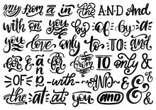 Handwritten Catchwords And Ampersands Vector Set.Calligraphy Collection Of Conjunctions,prepositions On White Background