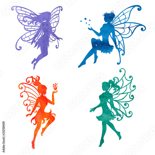 Cuadros en Lienzo Set of watercolor fairy. Vector illustrations isolated on white.