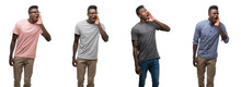 Collage Of African American Man Wearing Different Outfits Shouting And Screaming Loud To Side With Hand On Mouth. Communication Concept.