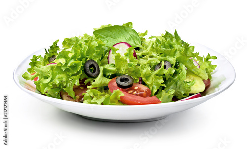 Delicious fresh salad dish on a white plate, isolated on white background Poster Mural XXL