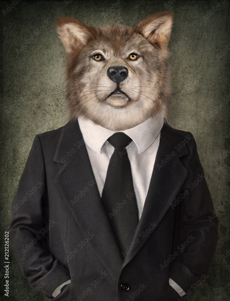 Obraz na płótnie Wolf in a suit. Man with a head of lion. Concept graphic in vintage style. w salonie