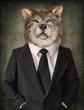 Wolf in a suit. Man with a head of lion. Concept graphic in vintage style.