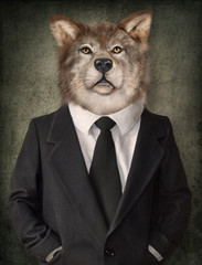 Naklejka na meble Wolf in a suit. Man with a head of lion. Concept graphic in vintage style.