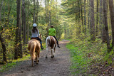 Two women horseback riding in the forest.