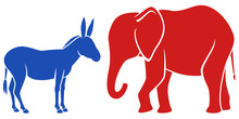 Vector Illustration Of A Blue Donkey And A Red Elephant, Representing The Democratic And Republican Political Parties In The United States.