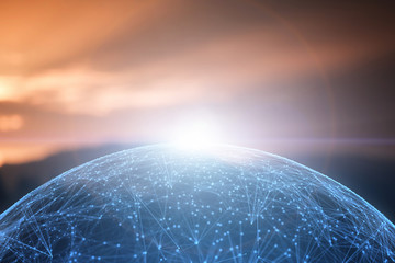 Wall Mural - futuristic network data globe with lines and dots on blurred landscape background. view from space. 