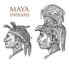 Maya Vintage Style. Aztec Culture. Portrait Of A Man, Traditional Costume And Decoration On The Head. Native Tribe, Ancient Monochrome Mexico. Engraved Hand Drawn Old Sketch. Warrior For Label.