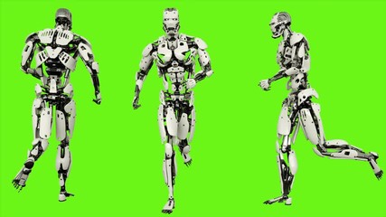 Wall Mural - Robot android running. Realistic looped motion on green screen background. 4K.