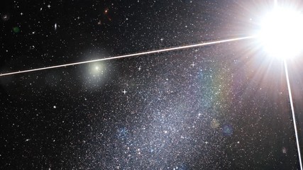 Wall Mural - Space exploration around dwarf galaxy with flying stars and star burst in outer space, 3D animation. Contains public domain image by NASA