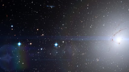 Wall Mural - Space exploration around elliptical galaxy with flying stars and star burst in outer space, 3D animation. Contains public domain image by NASA