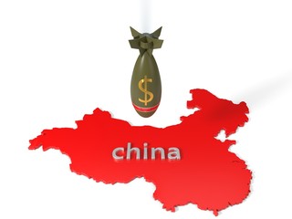 economy and trade wars concept with dollar currency bomb and china country map. 3d illustration