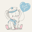 Vector illustration of a cute baby elephant in a sailor costume, sitting and holding a balloon in his trunk.